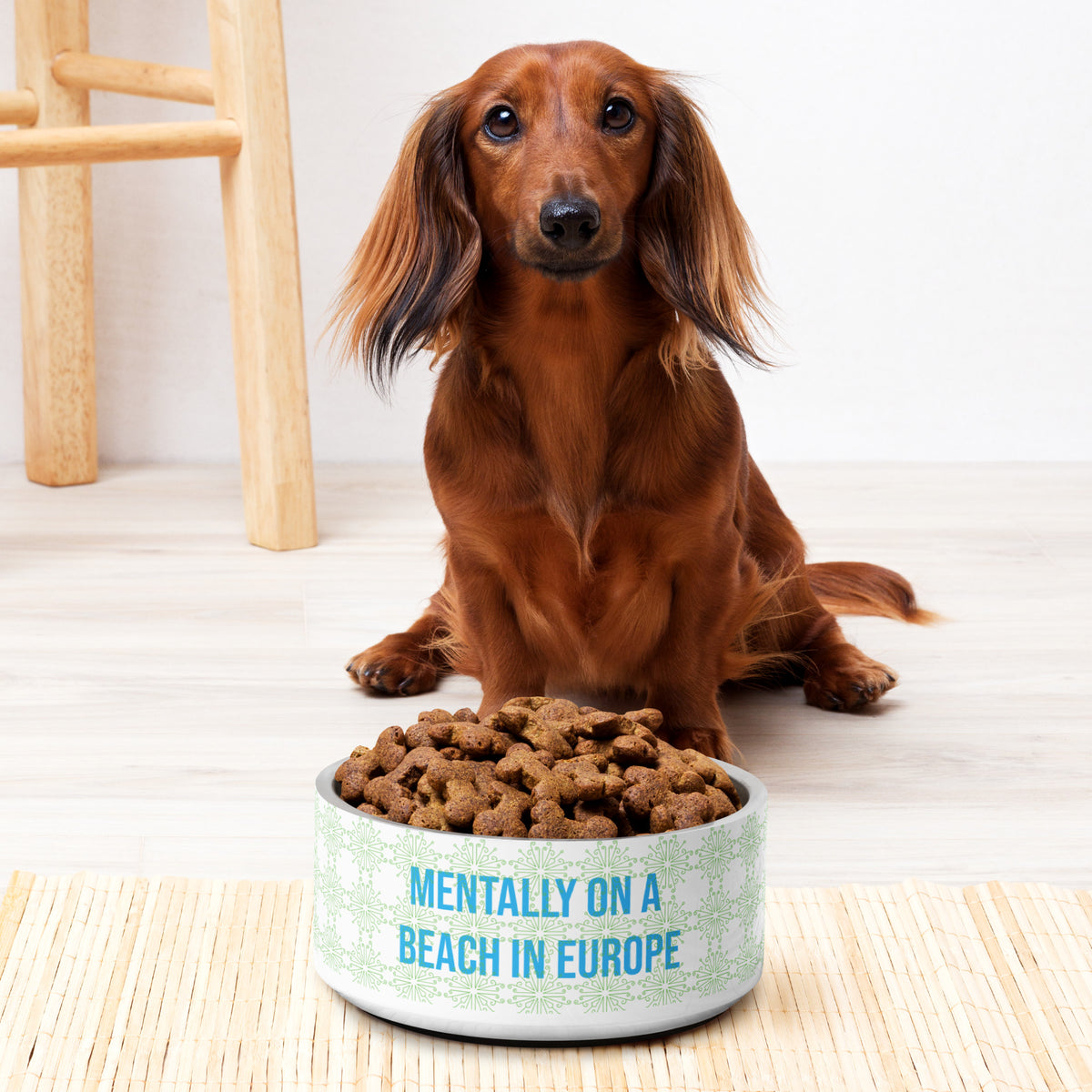 "Mentally on a Beach in Europe" Dog Bowl